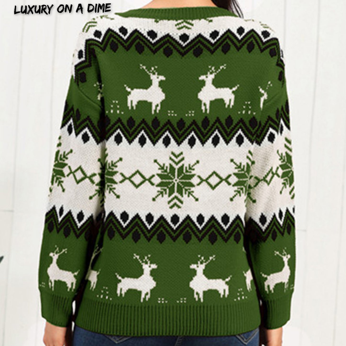 Snowflake Reindeer Fair Isle Knit Round Neck Classy Holiday Sweater Minimalist