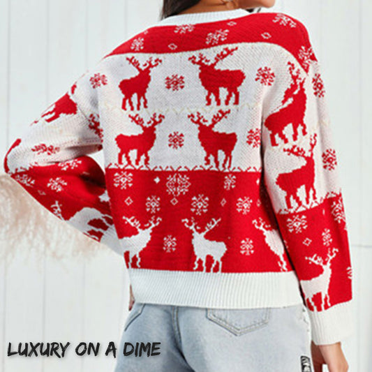 Reindeer Snowflake Fair Isle Knit Round Neck Classic Holiday Sweater Minimalist
