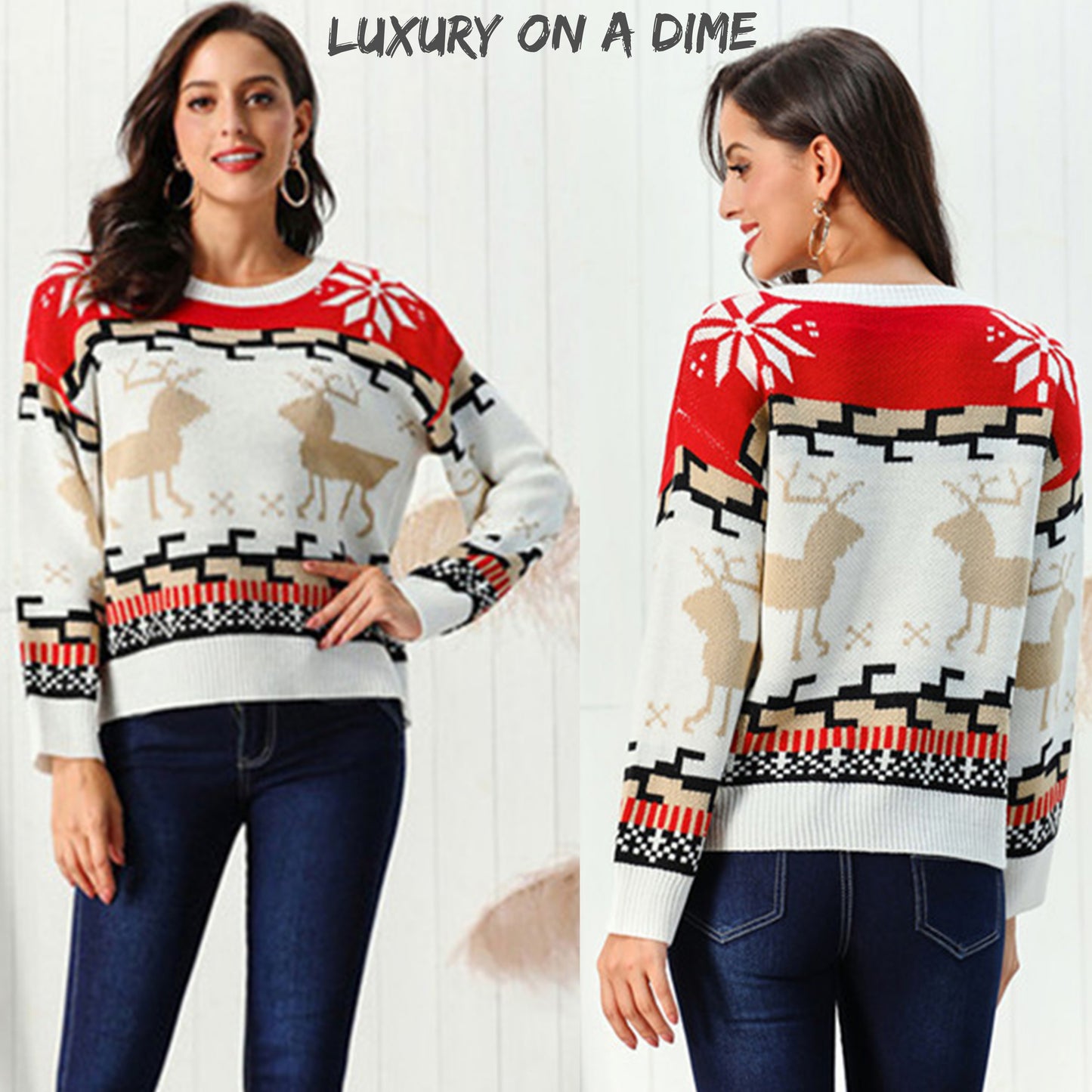 Geometric Reindeer Snowflake Knit Round Neck Classic Holiday Sweater Minimalist