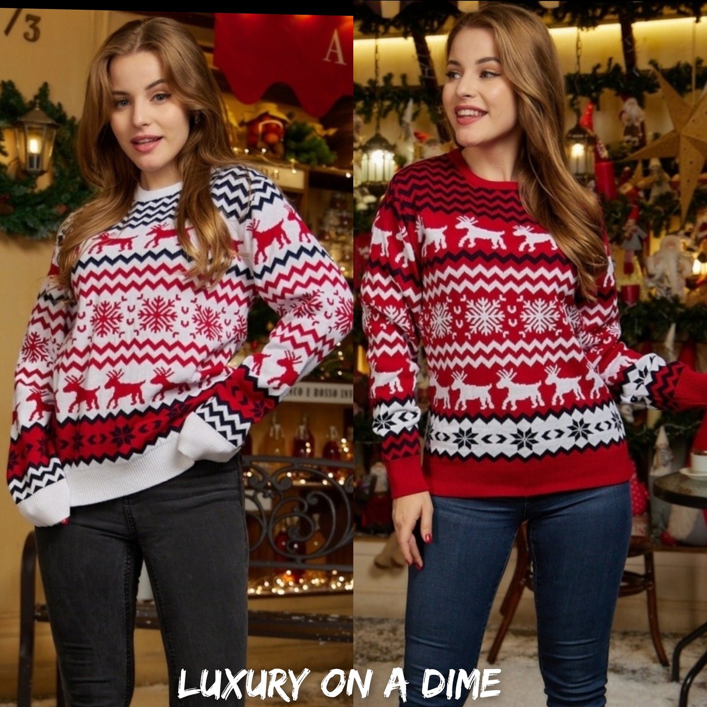 Fair Isle Snowflake Reindeer Knit Round Neck Classic Holiday Minimalist Sweater