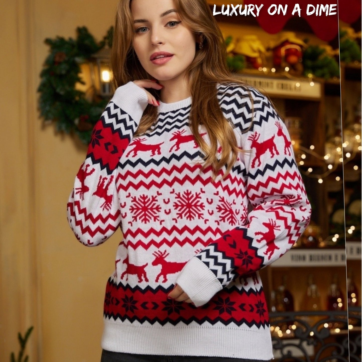 Fair Isle Snowflake Reindeer Knit Round Neck Classic Holiday Minimalist Sweater