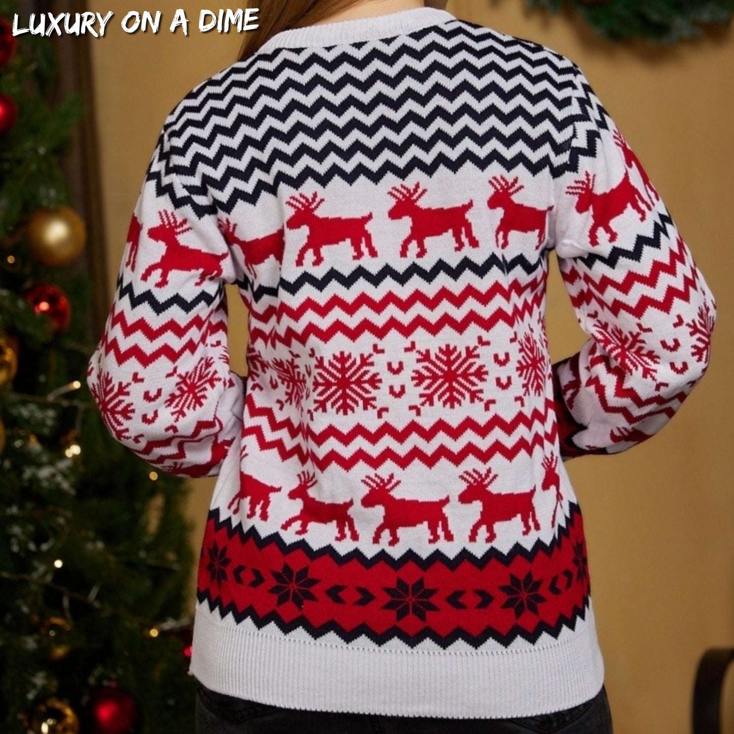 Fair Isle Snowflake Reindeer Knit Round Neck Classic Holiday Minimalist Sweater