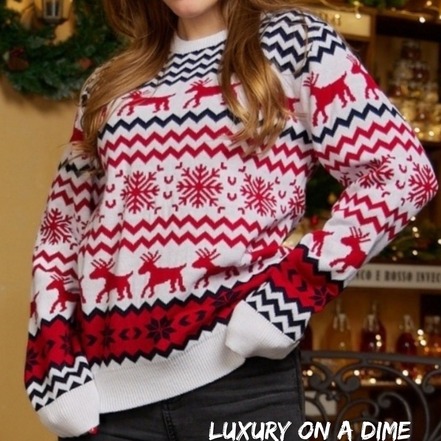 Fair Isle Snowflake Reindeer Knit Round Neck Classic Holiday Minimalist Sweater