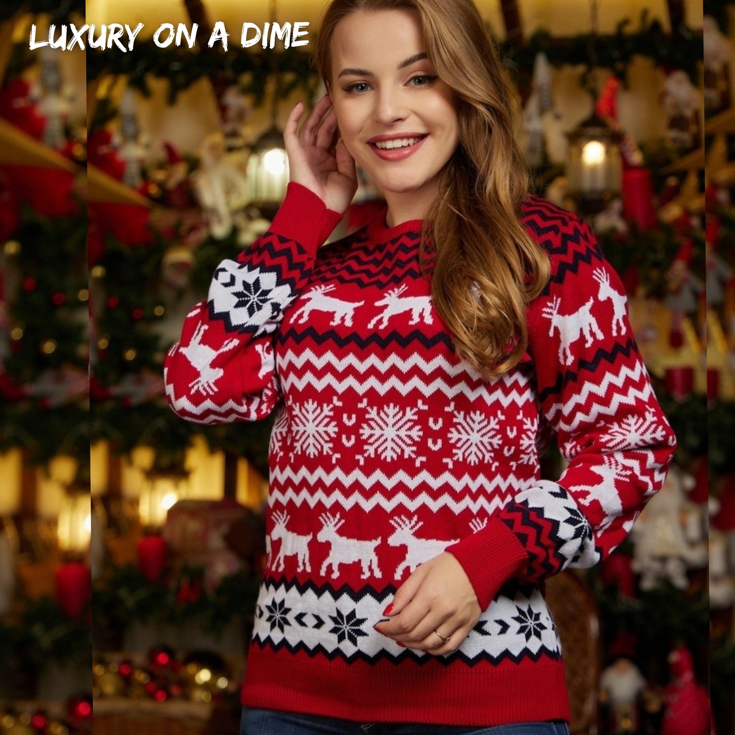 Fair Isle Snowflake Reindeer Knit Round Neck Classic Holiday Minimalist Sweater
