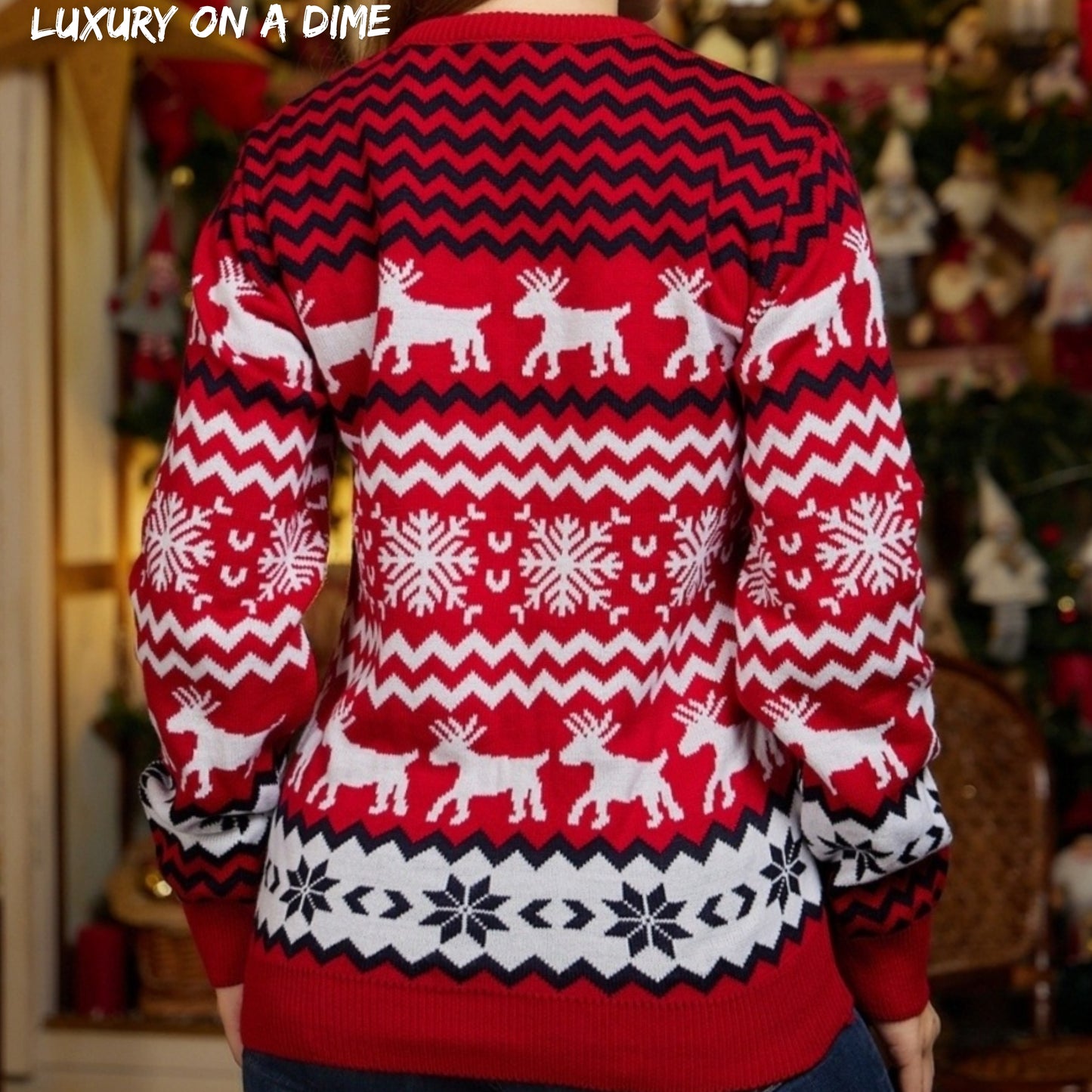 Fair Isle Snowflake Reindeer Knit Round Neck Classic Holiday Minimalist Sweater