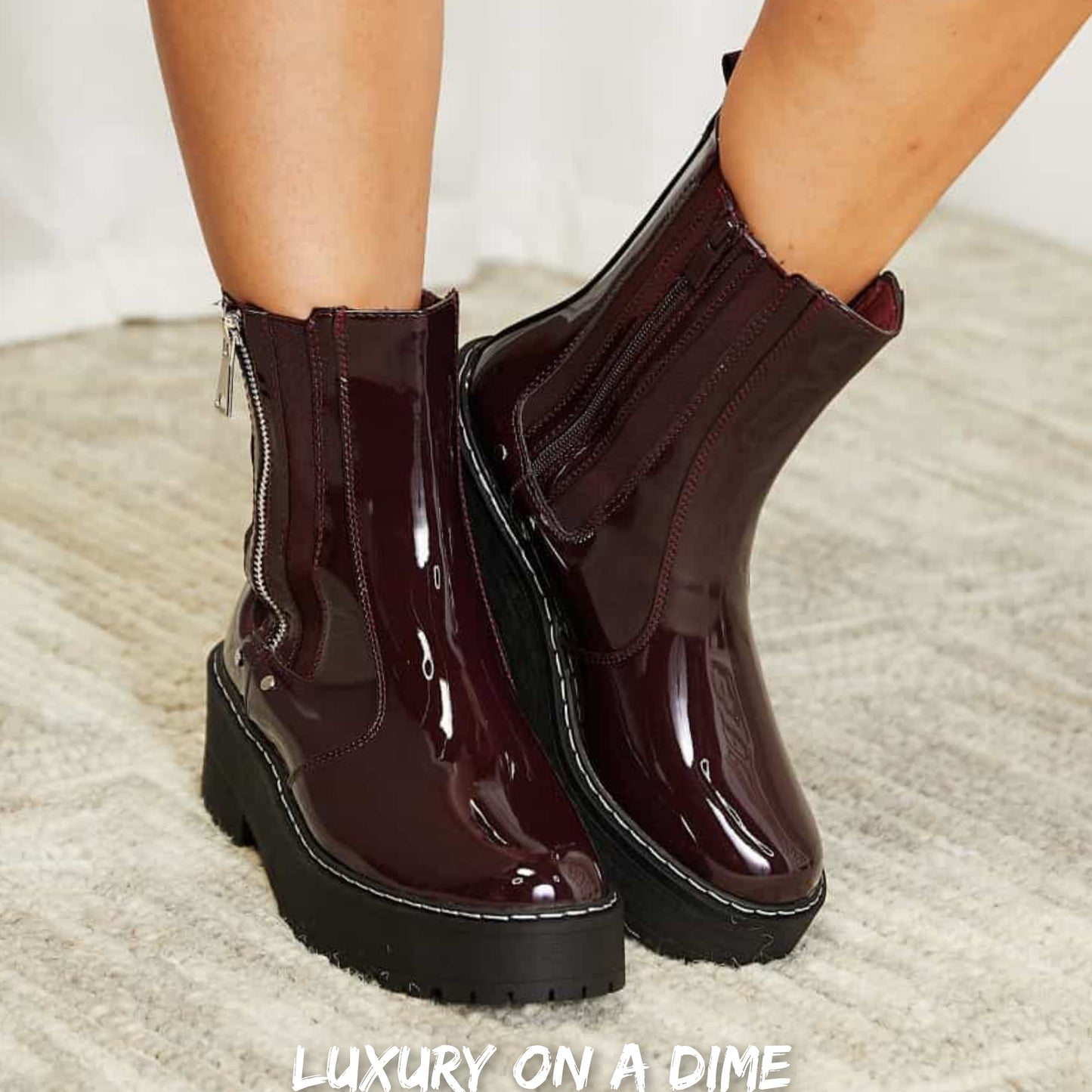 Platform Boots Side Zip Vegan Patent Leather Round Toe Shoes Forever Link