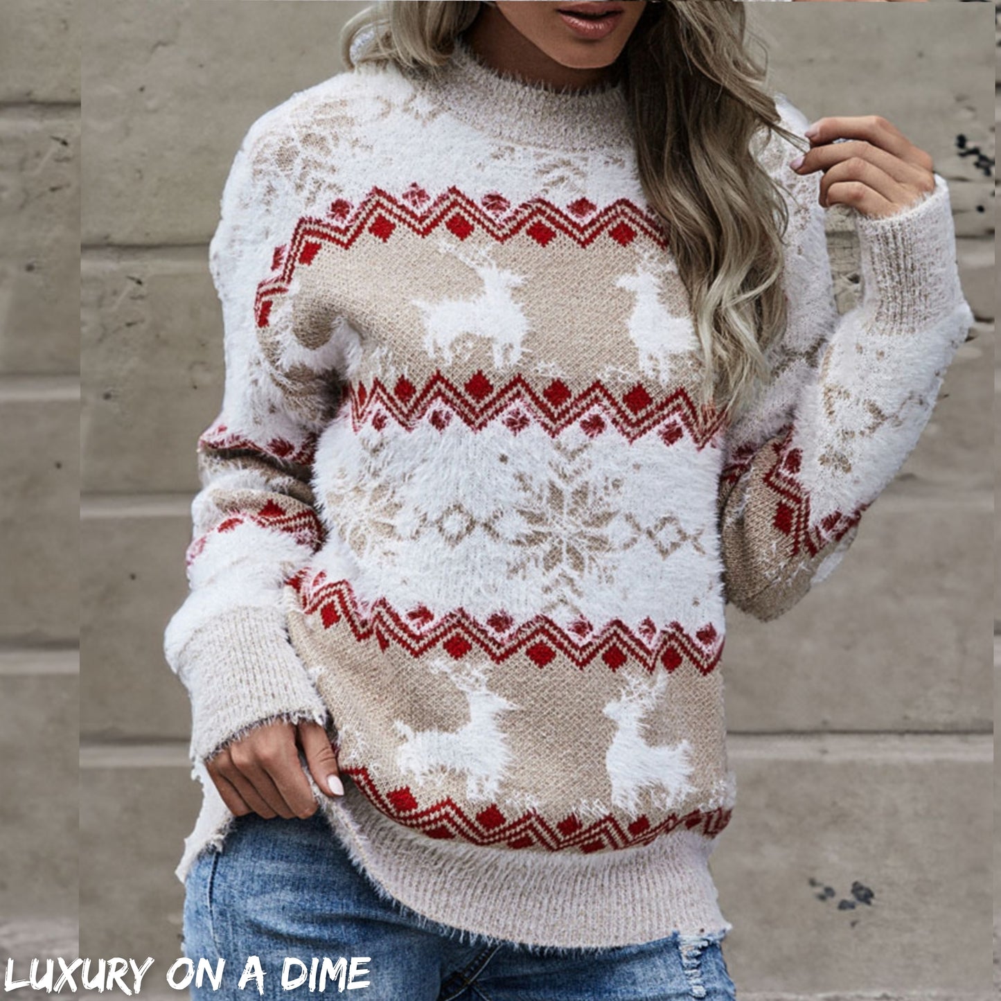 Fuzzy Fair Isle Snowflake Reindeer Knit Round Neck Holiday Minimalist Sweater