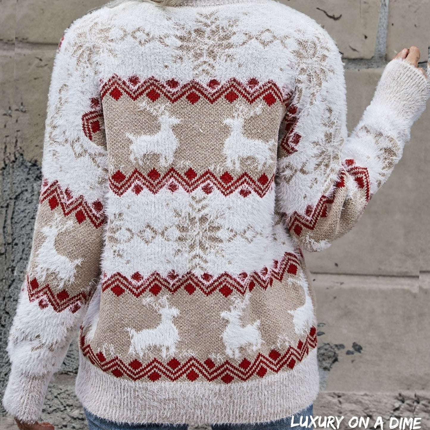 Fuzzy Fair Isle Snowflake Reindeer Knit Round Neck Holiday Minimalist Sweater