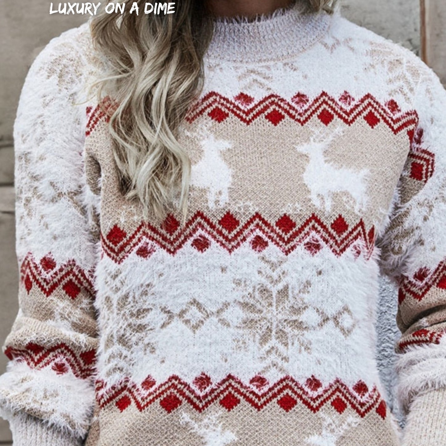 Fuzzy Fair Isle Snowflake Reindeer Knit Round Neck Holiday Minimalist Sweater