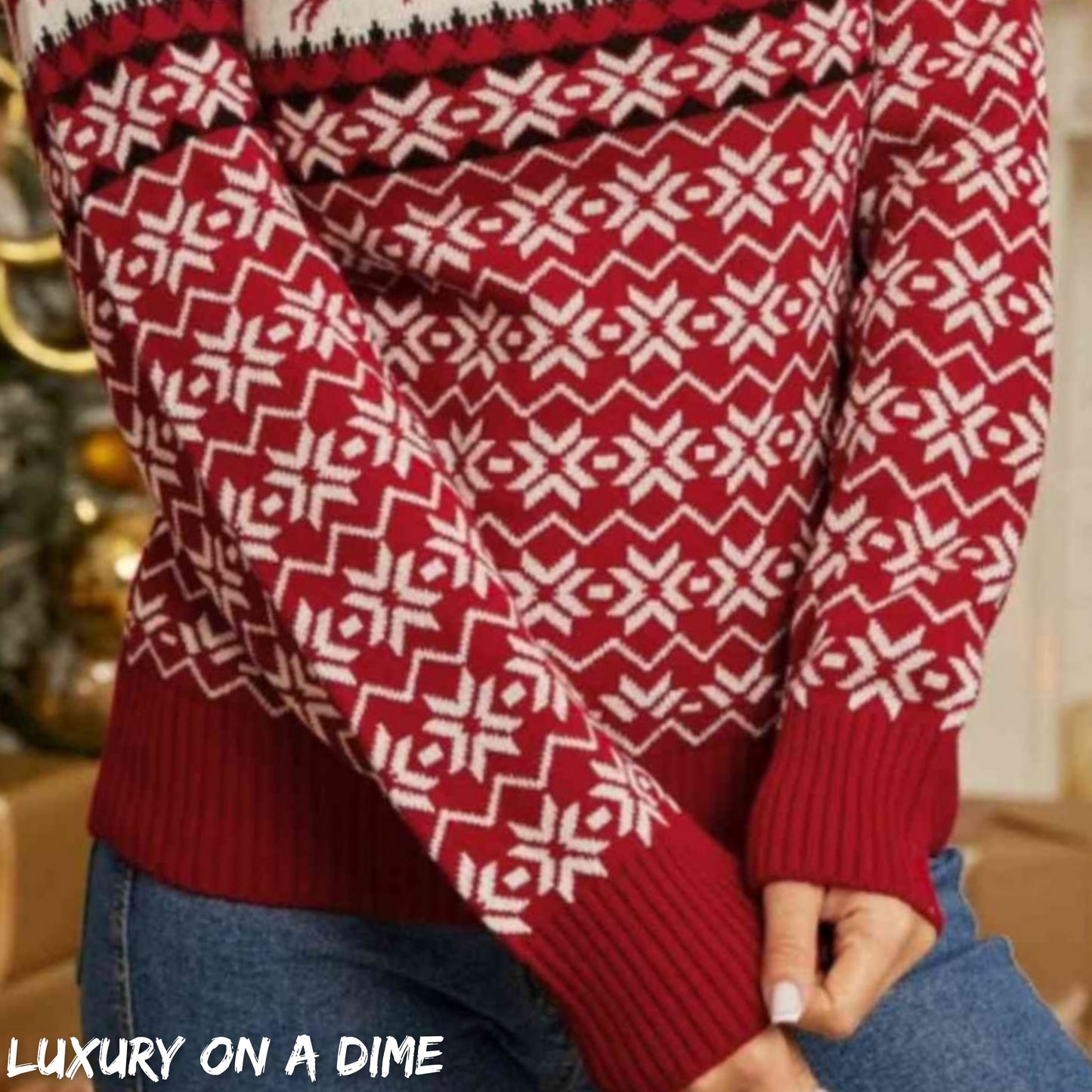 Red Fair Isle Snowflake Reindeer Knit Round Neck Minimalist Classic Sweater