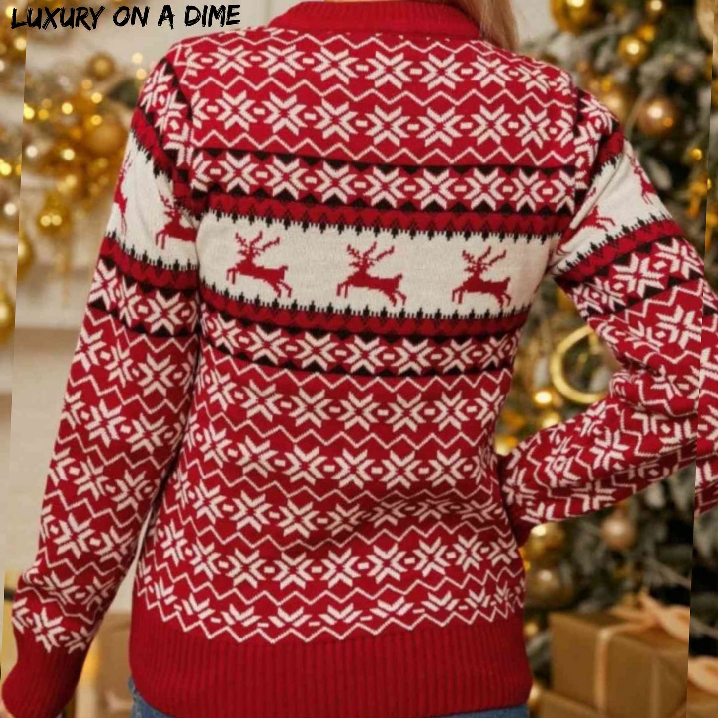 Red Fair Isle Snowflake Reindeer Knit Round Neck Minimalist Classic Sweater