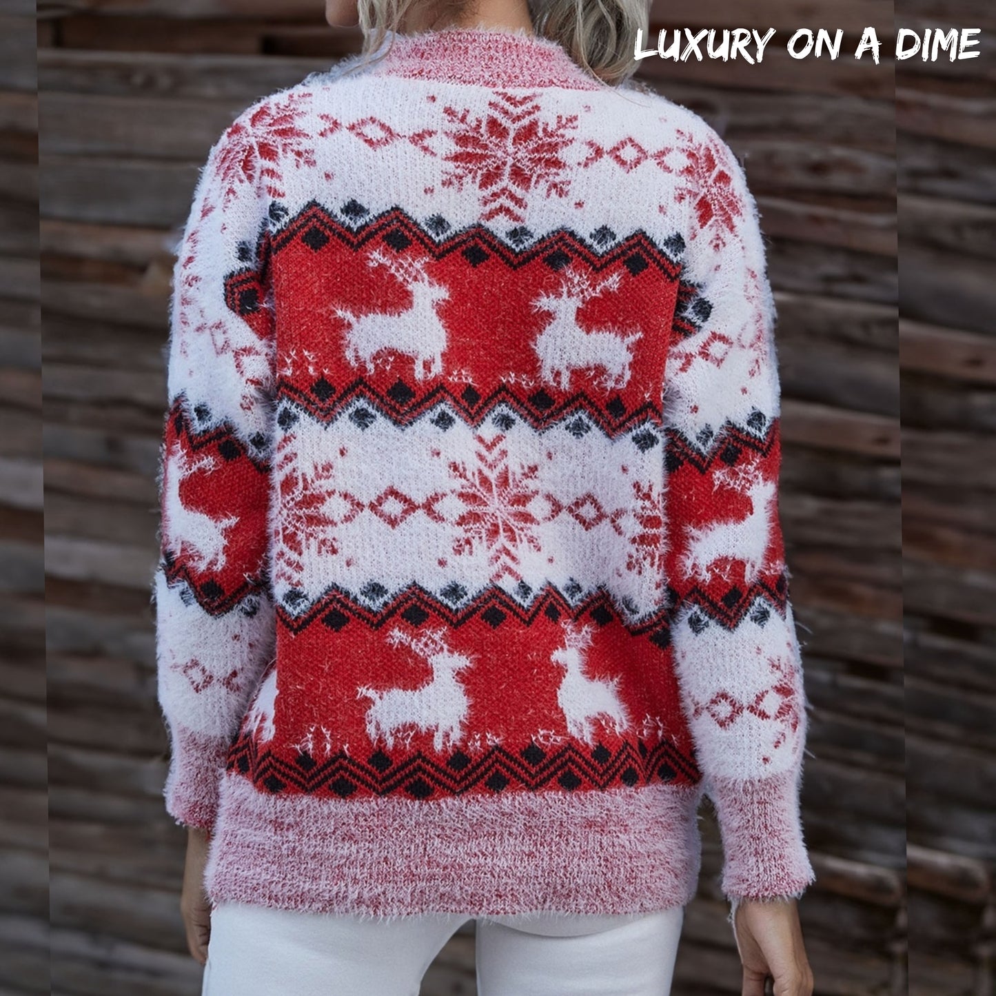 Fuzzy Fair Isle Snowflake Reindeer Knit Holiday Round Neck Minimalist Sweater