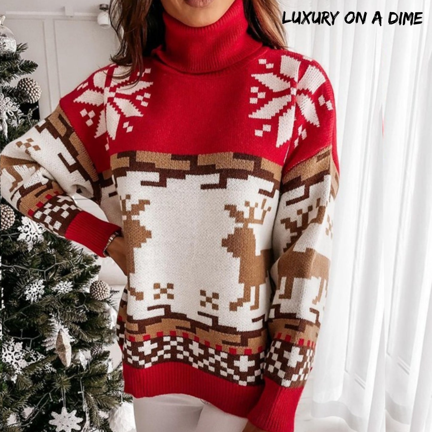 Knit Fair Isle Reindeer Snowflake Turtleneck Bold Geometric Classic Sweater