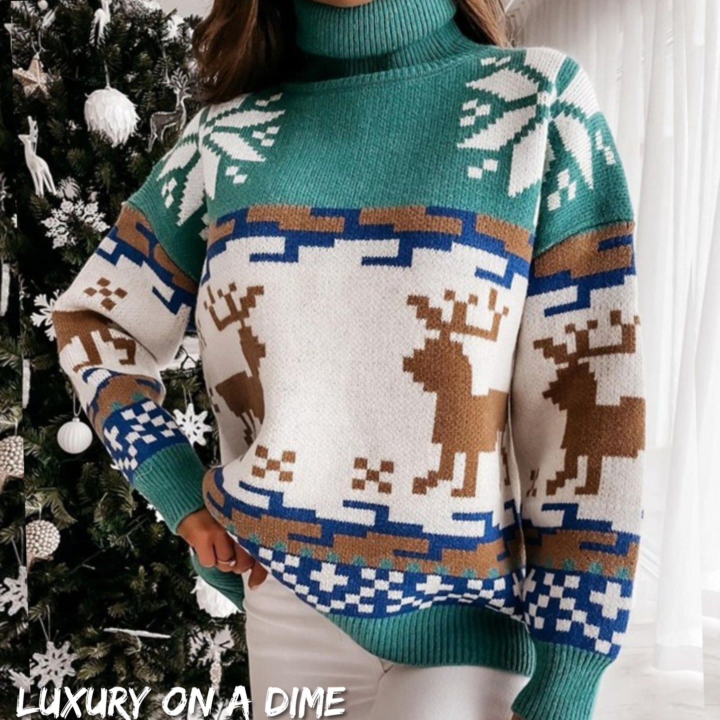 Knit Fair Isle Reindeer Snowflake Turtleneck Bold Geometric Classic Sweater