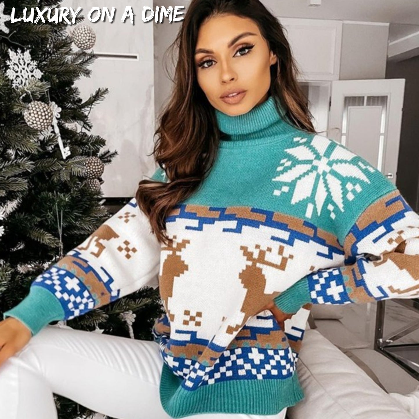 Knit Fair Isle Reindeer Snowflake Turtleneck Bold Geometric Classic Sweater