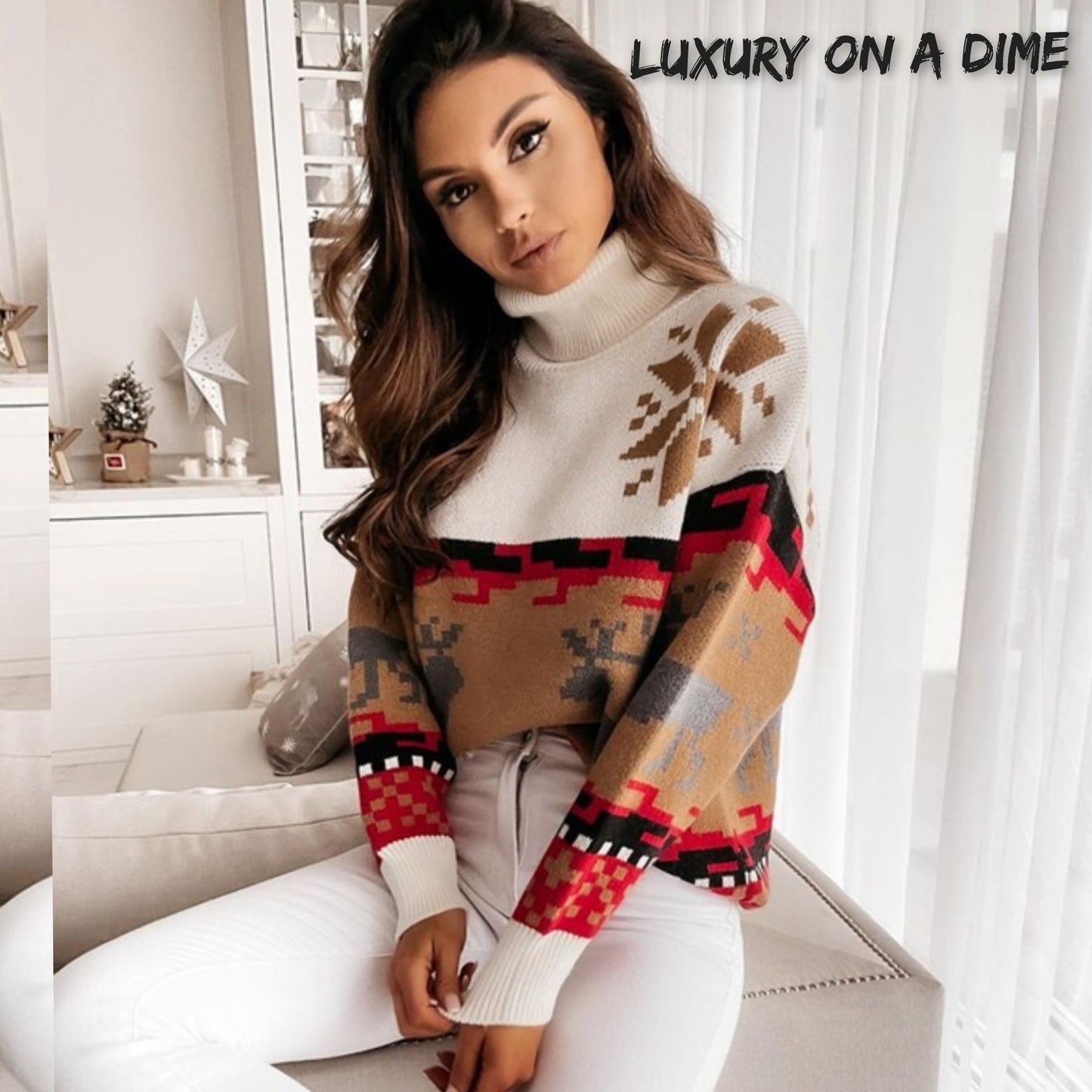 Knit Fair Isle Reindeer Snowflake Turtleneck Bold Geometric Classic Sweater