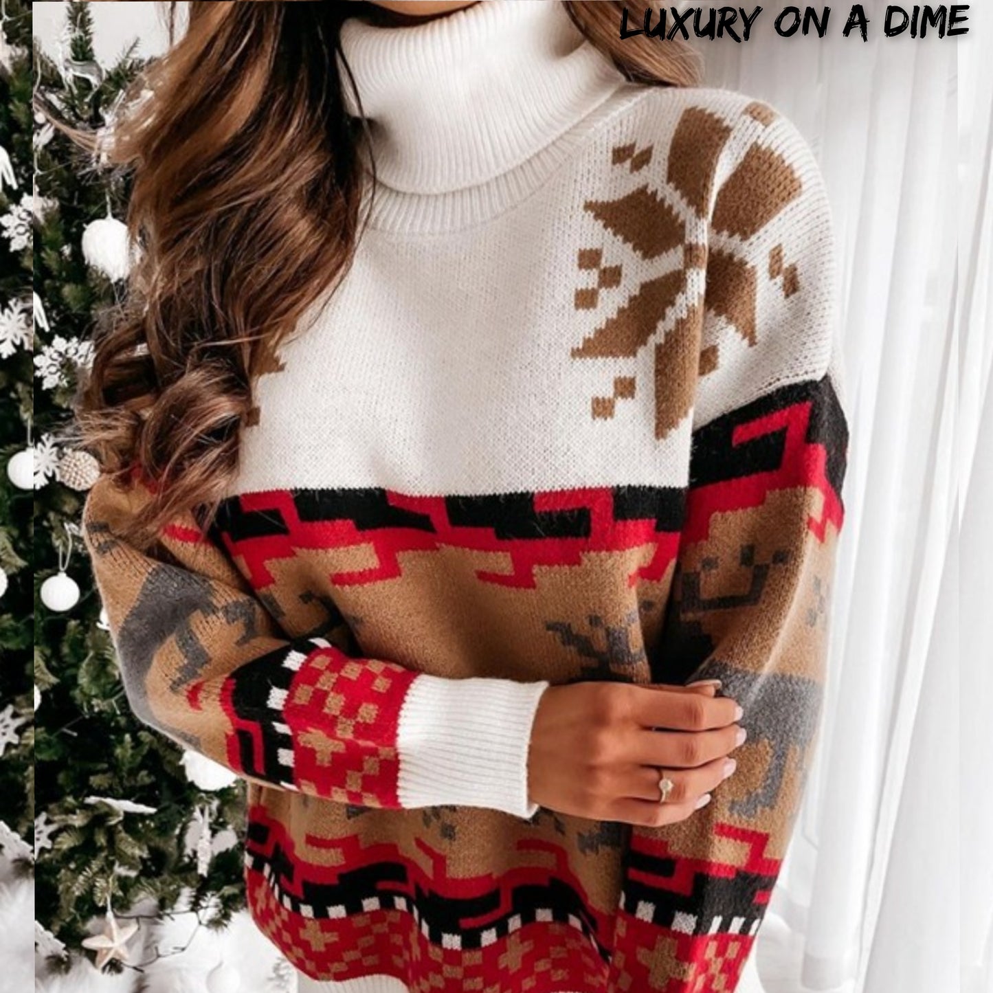 Knit Fair Isle Reindeer Snowflake Turtleneck Bold Geometric Classic Sweater