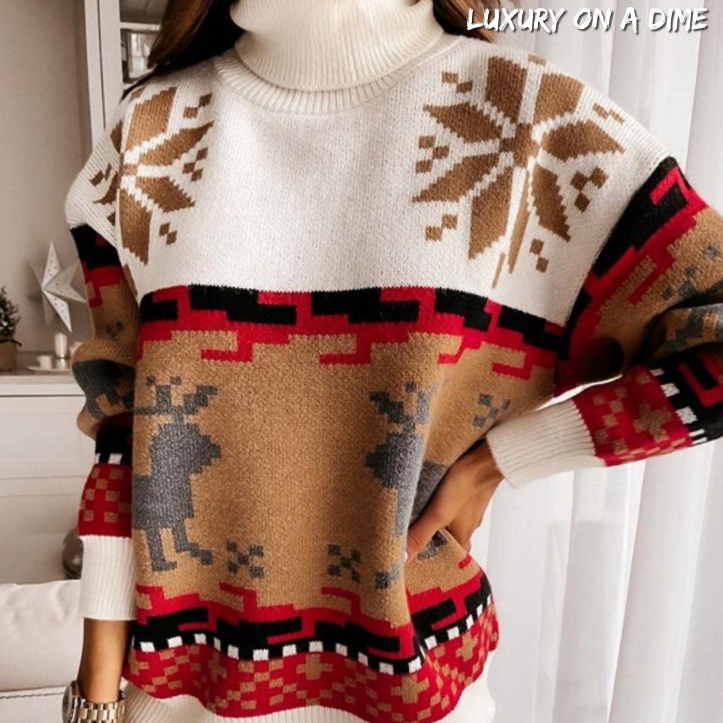Knit Fair Isle Reindeer Snowflake Turtleneck Bold Geometric Classic Sweater