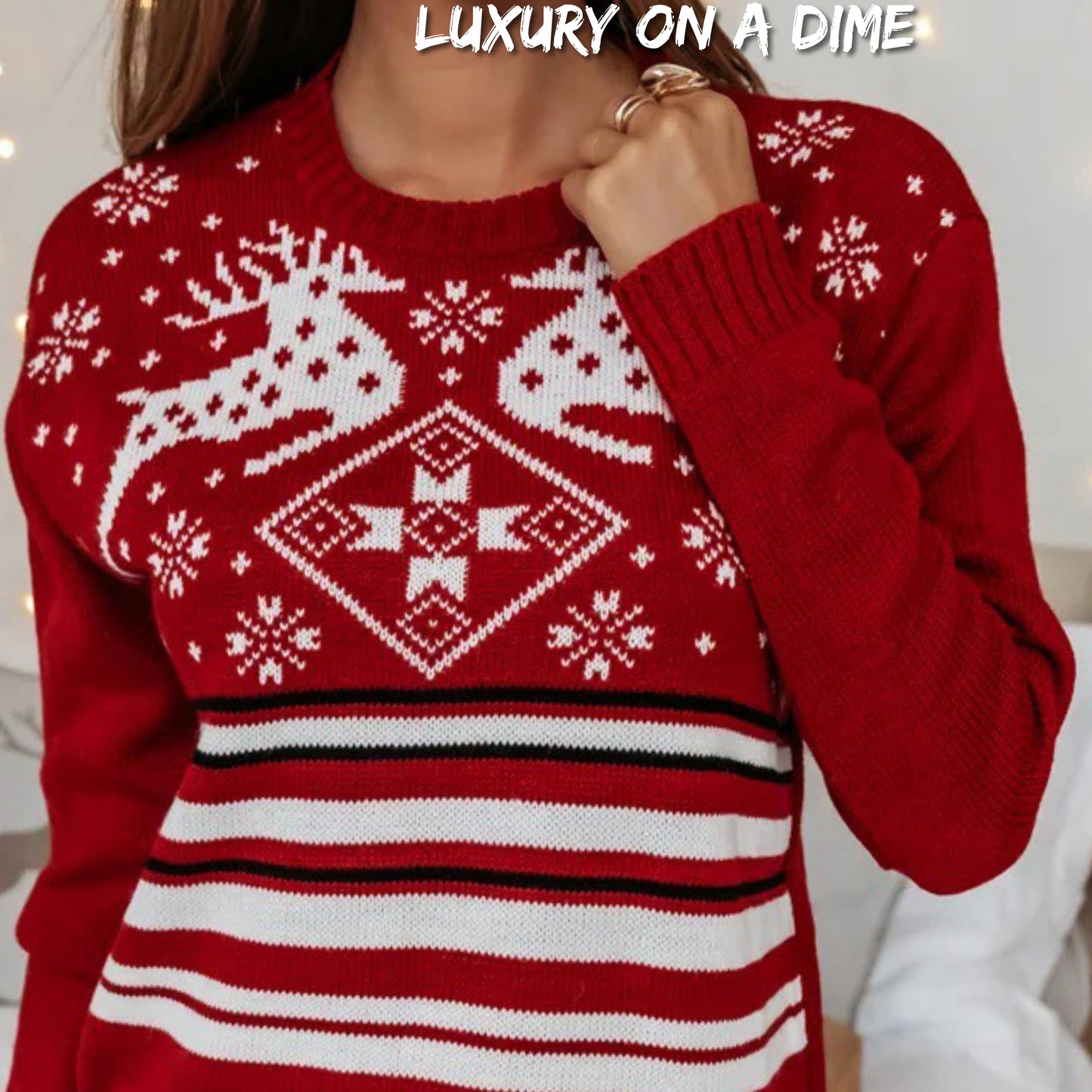 Knit Reindeer Snowflake Stripe Round Neck Classic Holiday Sweater Minimalist