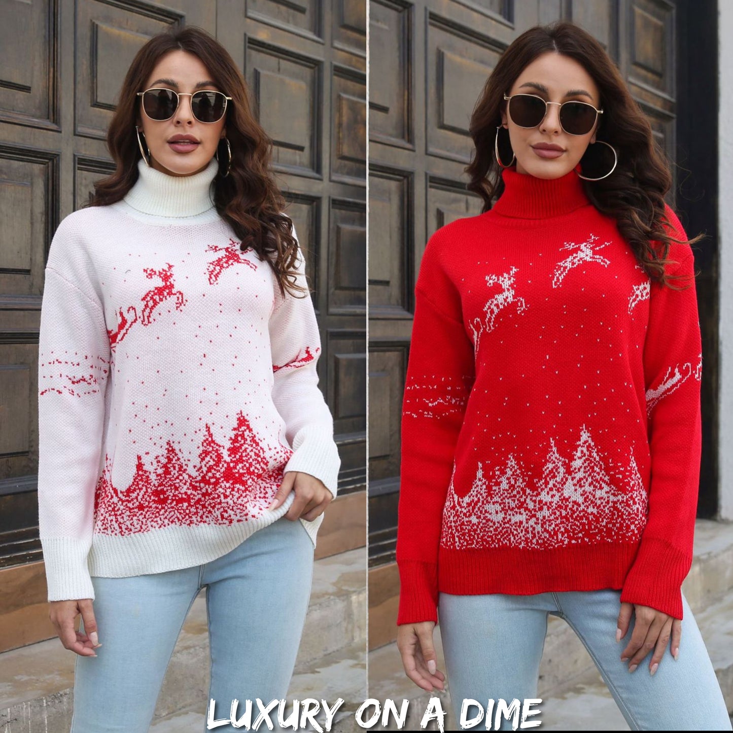 Knit Turtleneck Santa Reindeer Classy Winter Christmas Scene Chic Sweater
