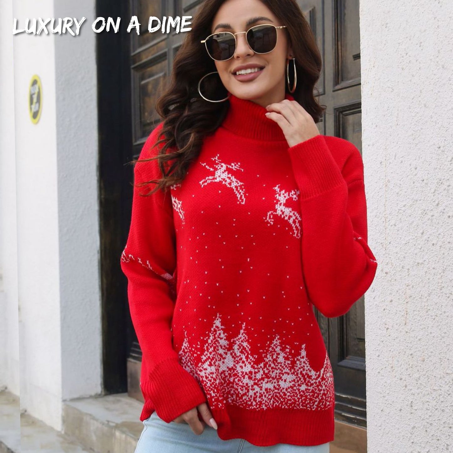 Knit Turtleneck Santa Reindeer Classy Winter Christmas Scene Chic Sweater