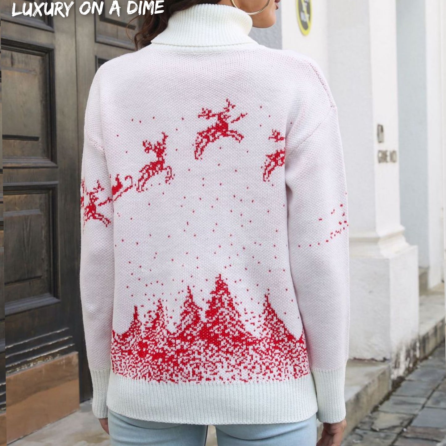 Knit Turtleneck Santa Reindeer Classy Winter Christmas Scene Chic Sweater