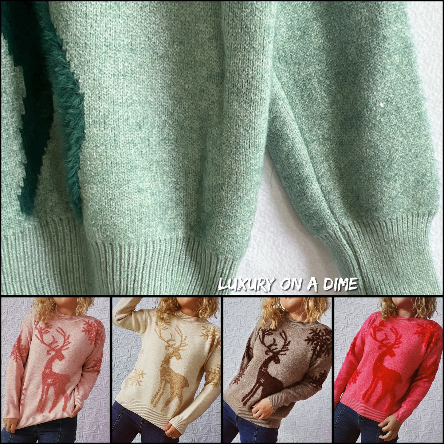 Fuzzy Reindeer Snowflake Knit Round Neck Winter Soft Print Sweater
