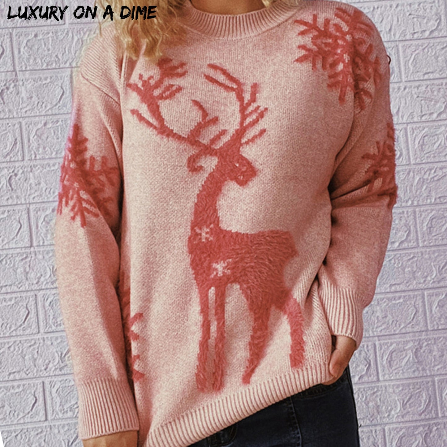 Fuzzy Reindeer Snowflake Knit Round Neck Winter Soft Print Sweater