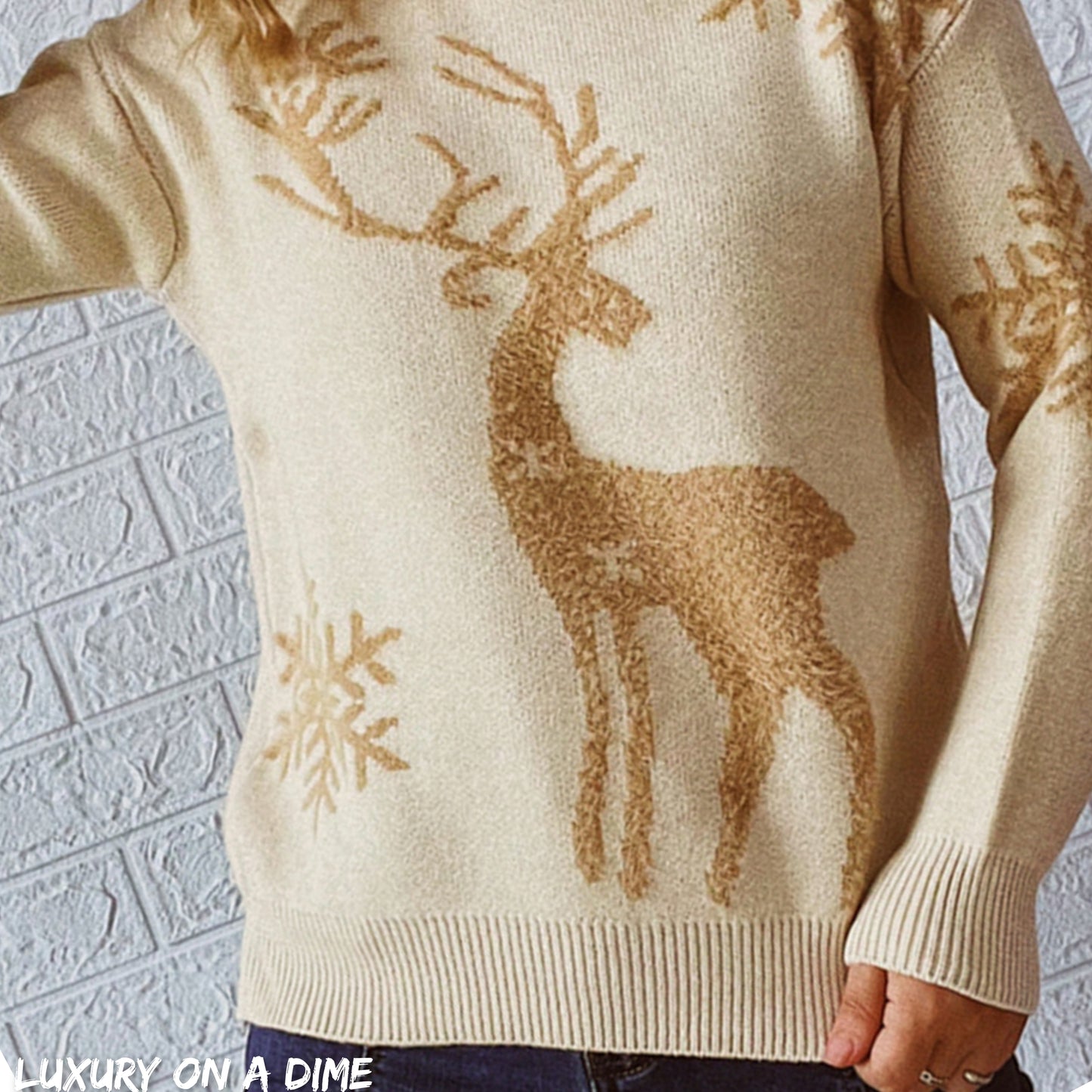 Fuzzy Reindeer Snowflake Knit Round Neck Winter Soft Print Sweater