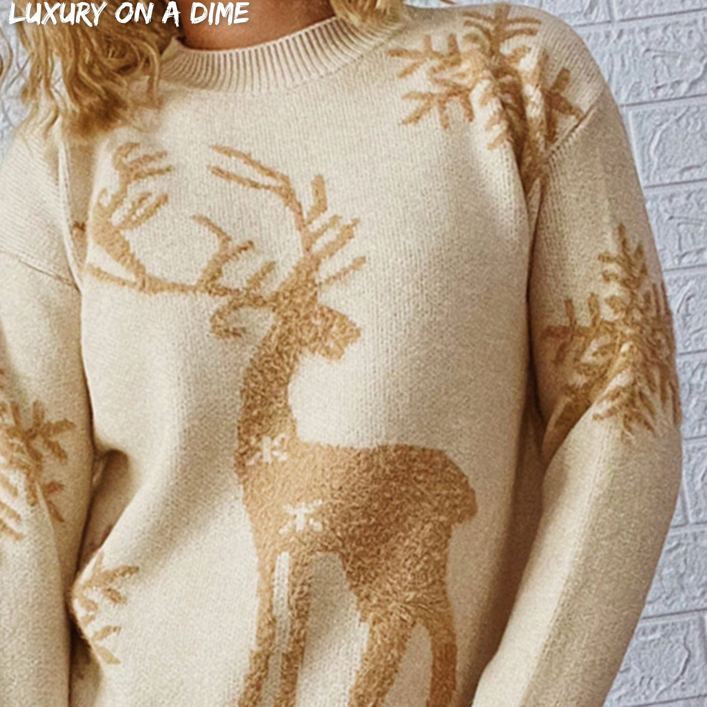 Fuzzy Reindeer Snowflake Knit Round Neck Winter Soft Print Sweater