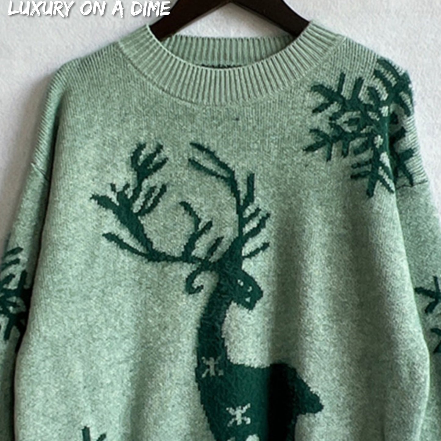 Fuzzy Reindeer Snowflake Knit Round Neck Winter Soft Print Sweater