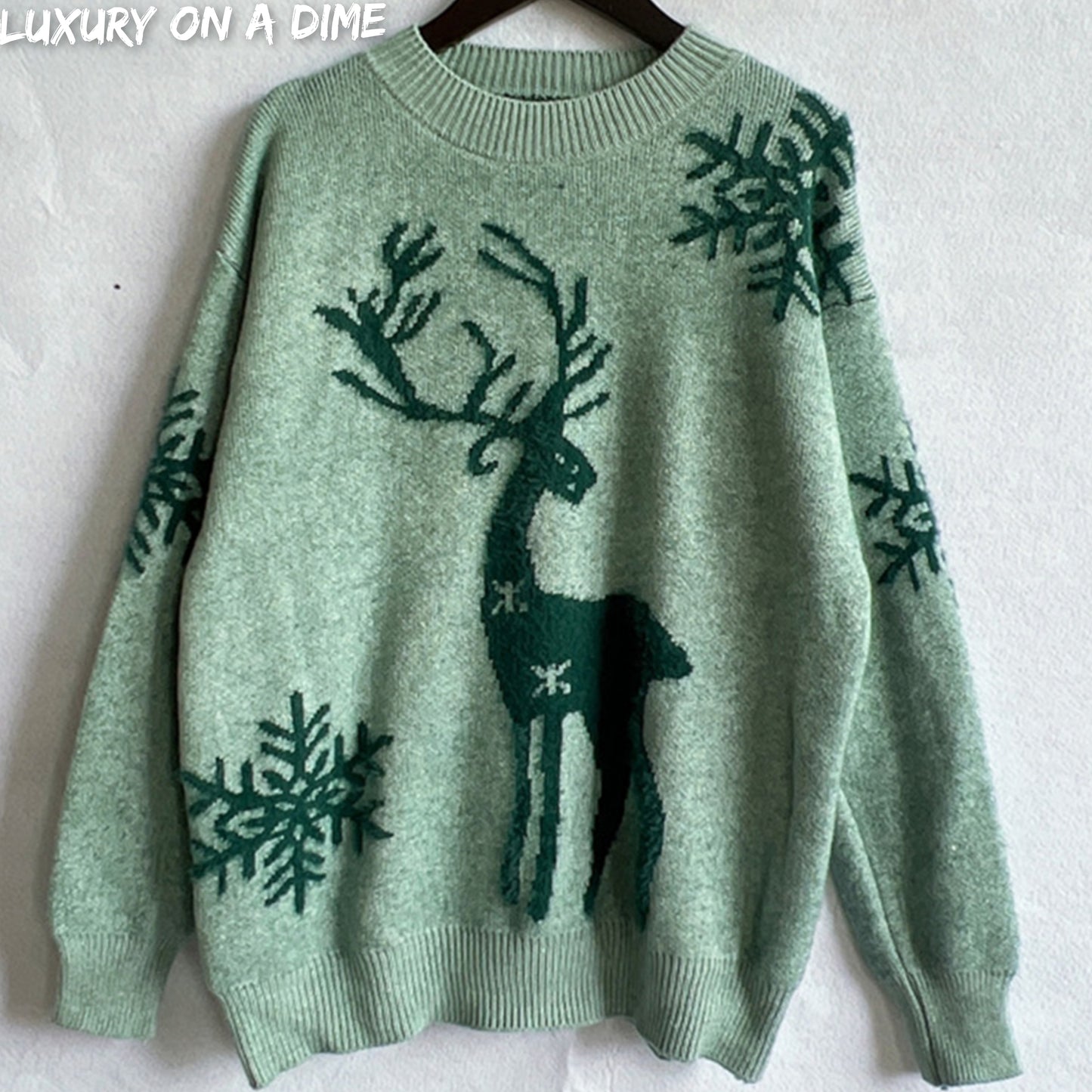 Fuzzy Reindeer Snowflake Knit Round Neck Winter Soft Print Sweater