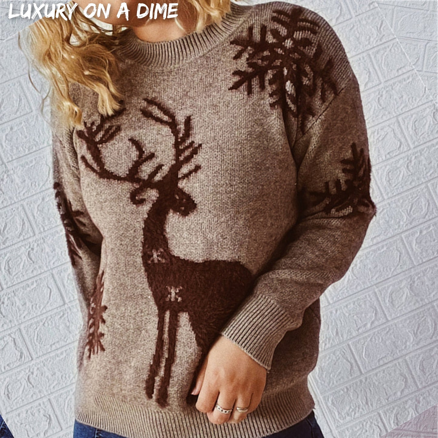 Fuzzy Reindeer Snowflake Knit Round Neck Winter Soft Print Sweater