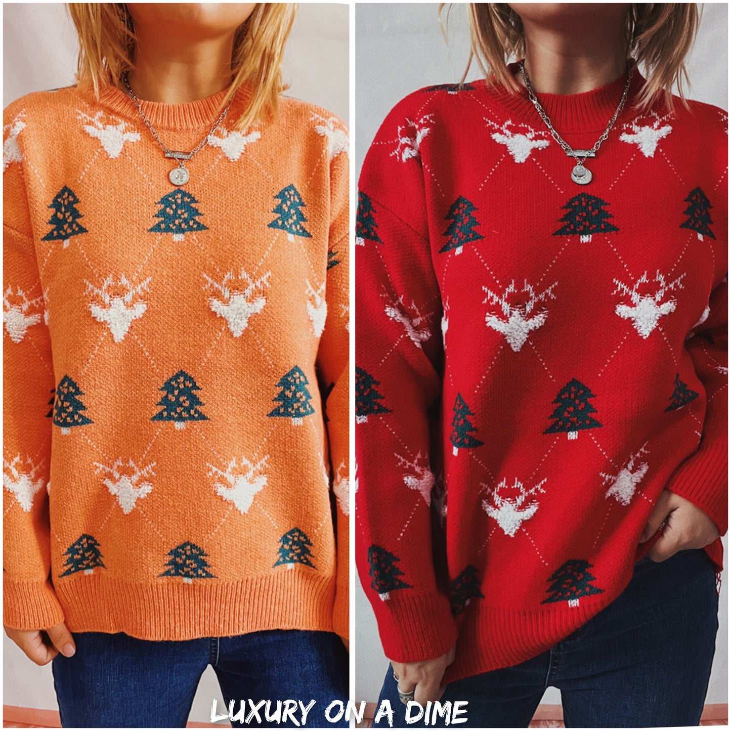 Fuzzy Shag Knit Reindeer Tree Argyle Round Neck Winter Soft Print Sweater