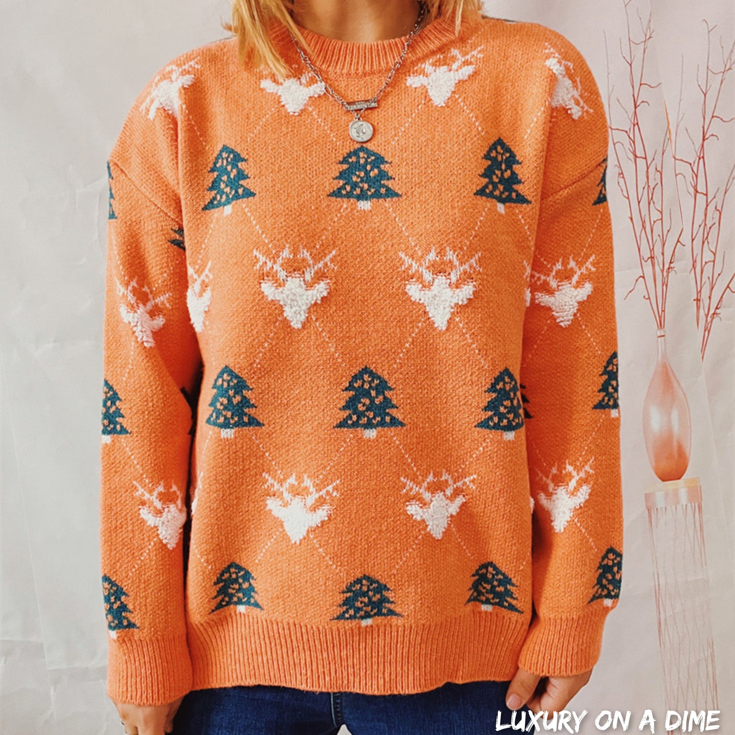 Fuzzy Shag Knit Reindeer Tree Argyle Round Neck Winter Soft Print Sweater
