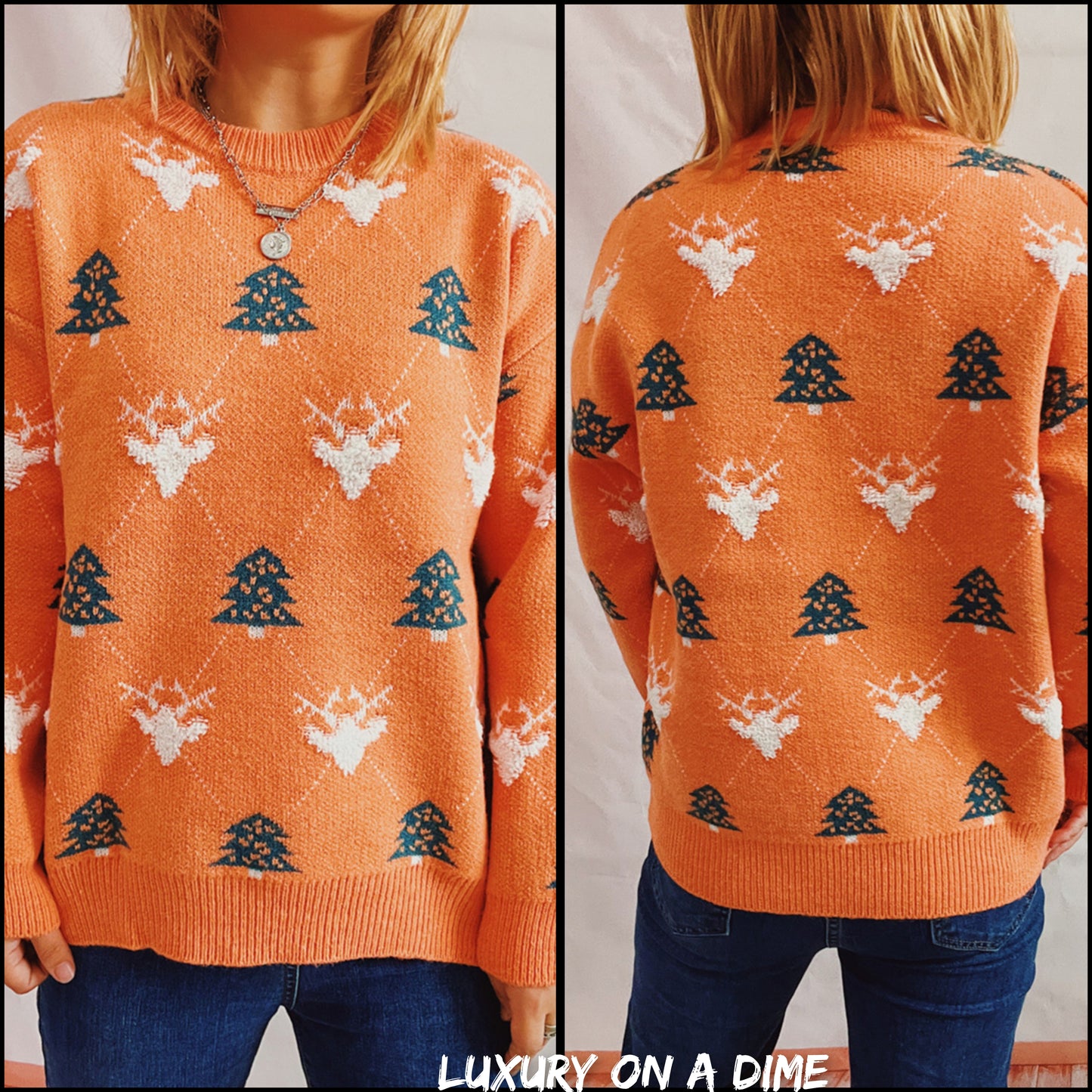 Fuzzy Shag Knit Reindeer Tree Argyle Round Neck Winter Soft Print Sweater