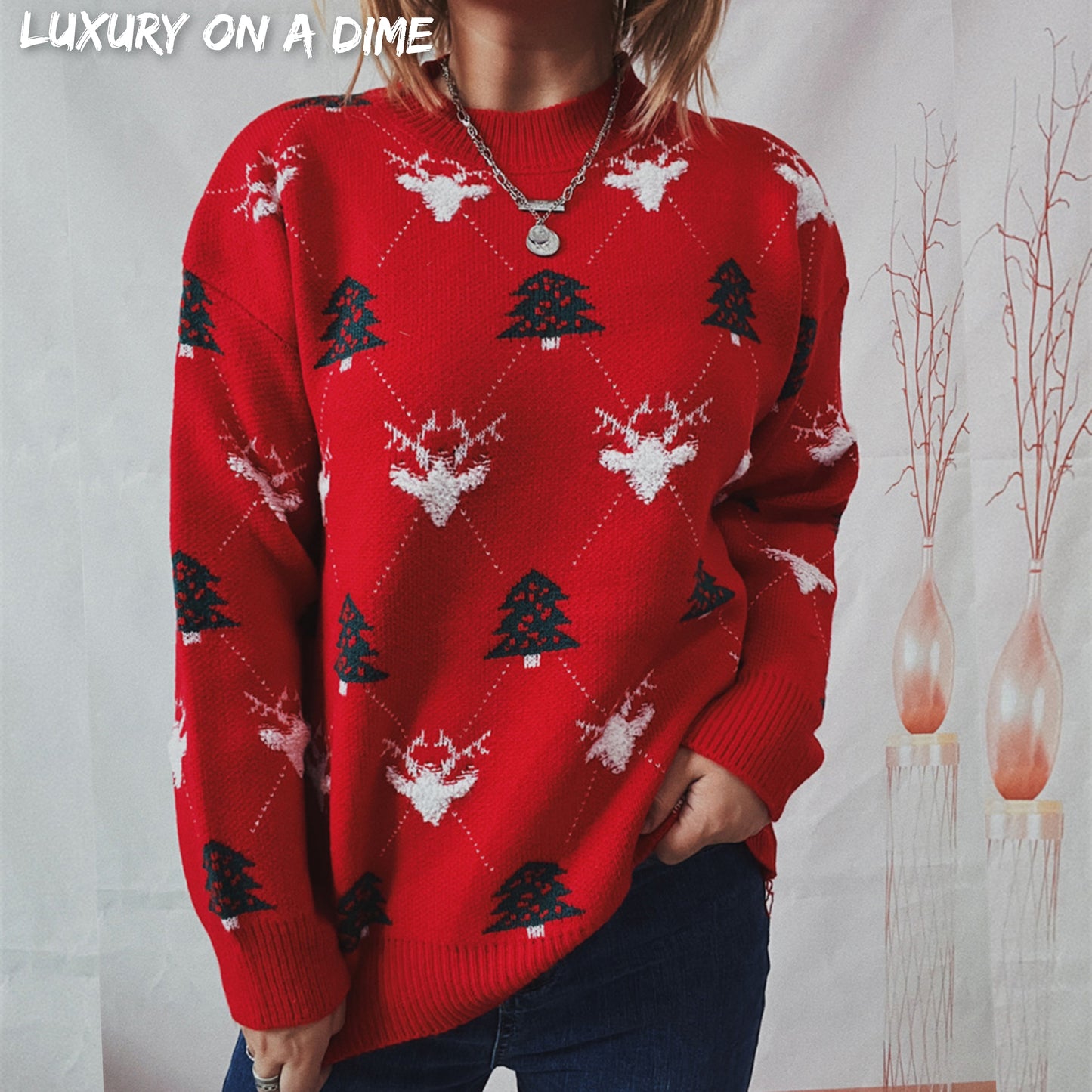 Fuzzy Shag Knit Reindeer Tree Argyle Round Neck Winter Soft Print Sweater