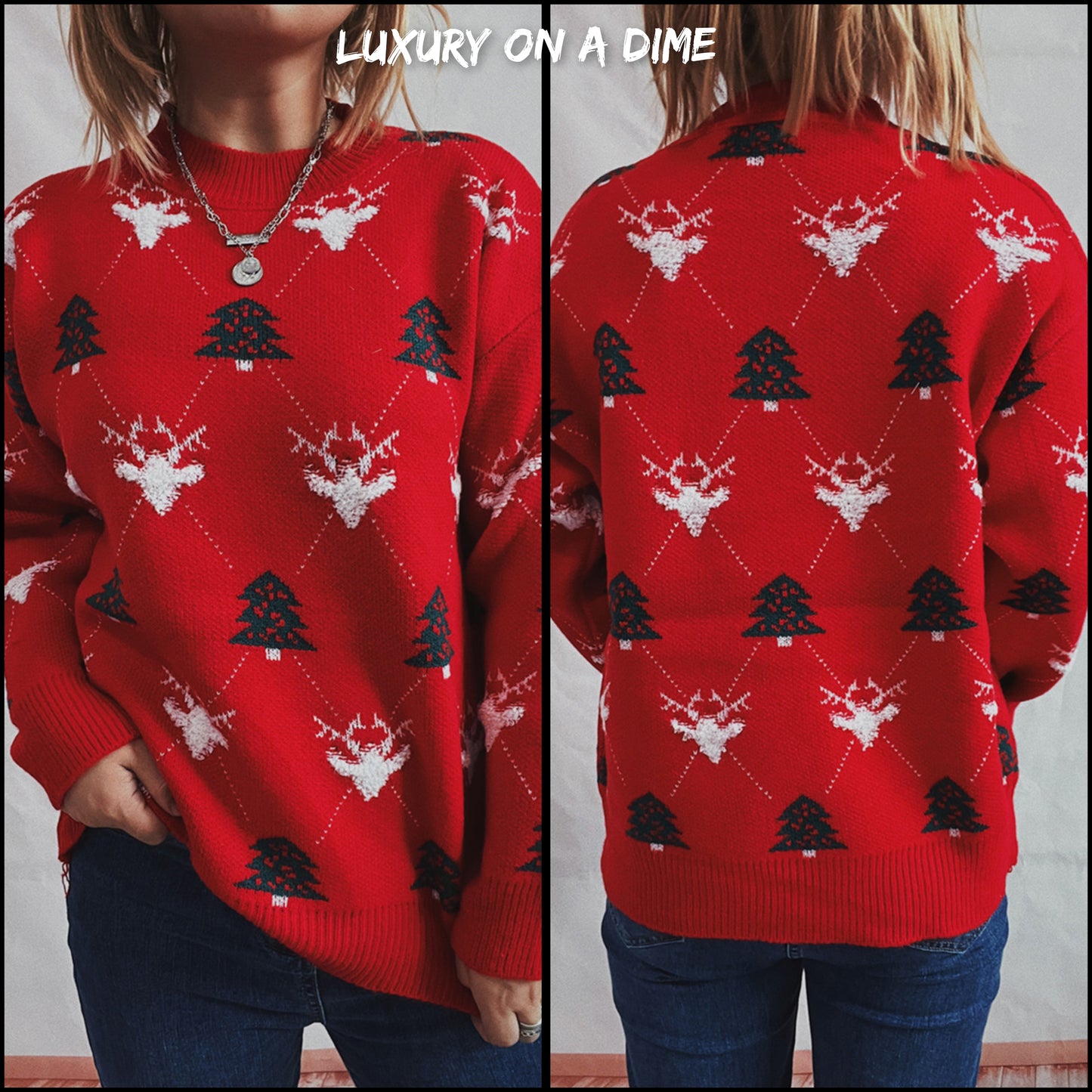Fuzzy Shag Knit Reindeer Tree Argyle Round Neck Winter Soft Print Sweater