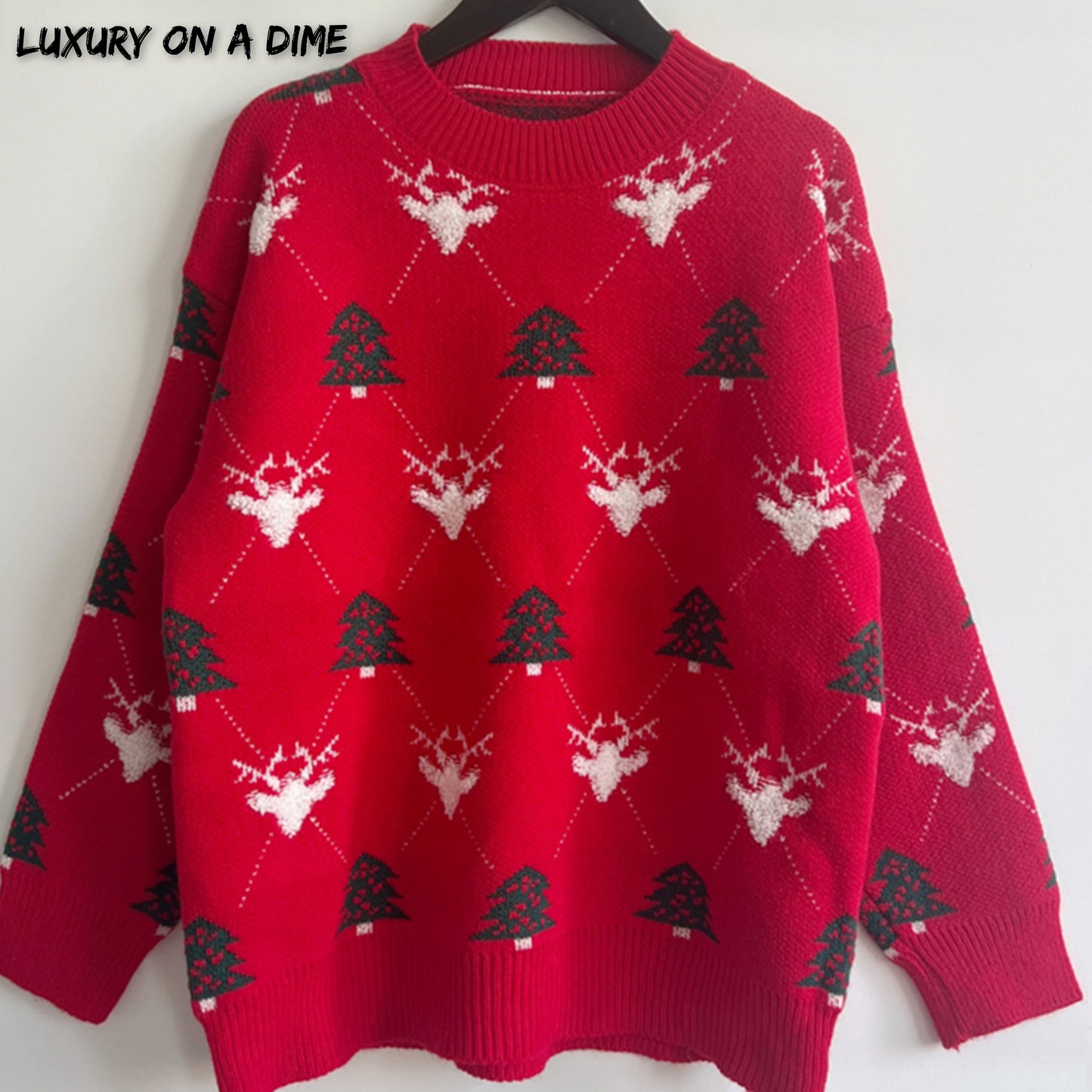 Fuzzy Shag Knit Reindeer Tree Argyle Round Neck Winter Soft Print Sweater