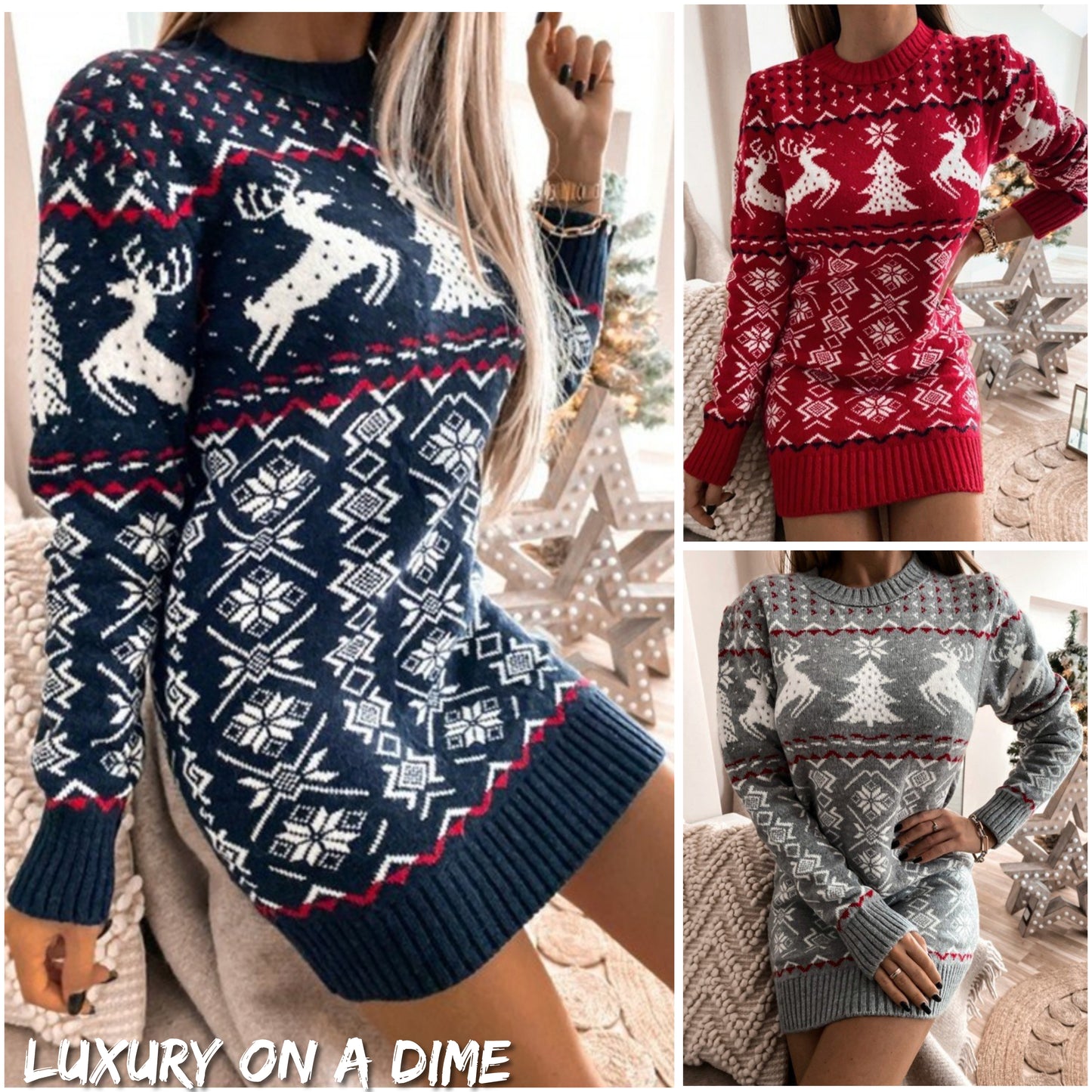 Fair Isle Winter Reindeer Snowflake Classic Knit Long Sleeve Mini Sweater Dress