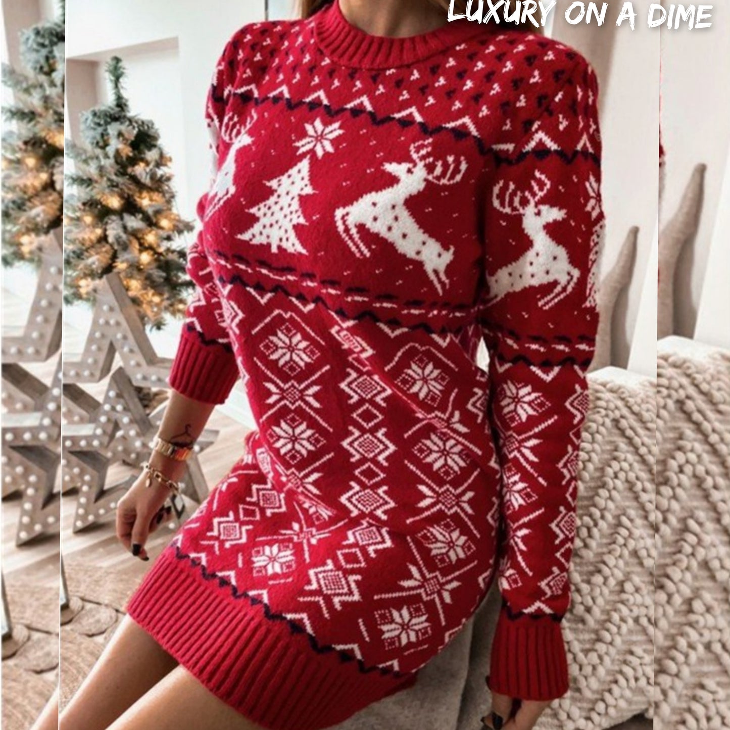 Fair Isle Winter Reindeer Snowflake Classic Knit Long Sleeve Mini Sweater Dress
