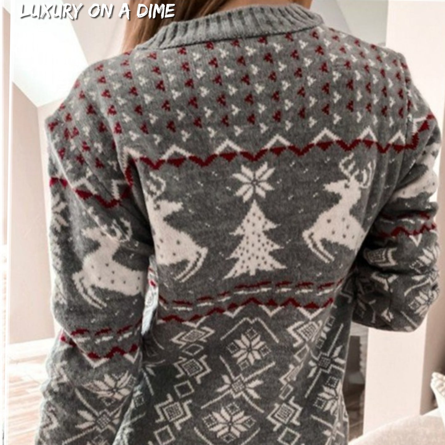 Fair Isle Winter Reindeer Snowflake Classic Knit Long Sleeve Mini Sweater Dress