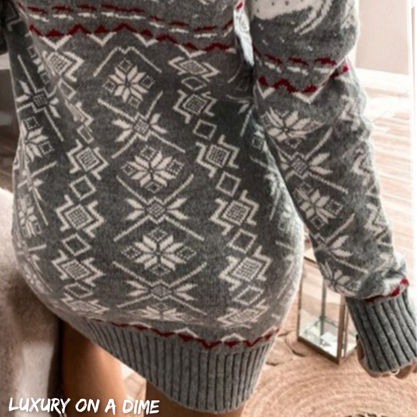 Fair Isle Winter Reindeer Snowflake Classic Knit Long Sleeve Mini Sweater Dress