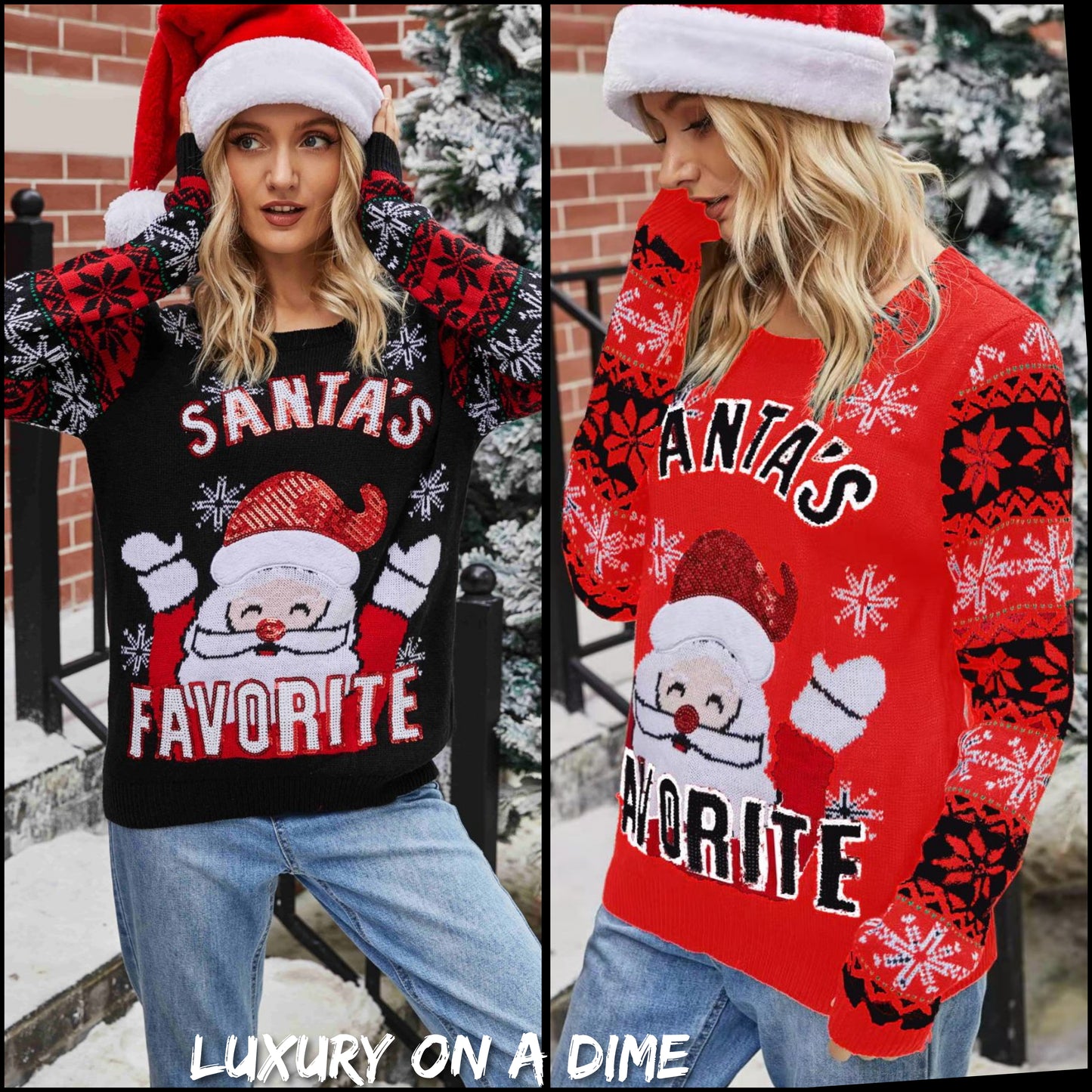 Sequin Santa's Favorite Knit Fun Round Neck Glam Holiday Sweater Top