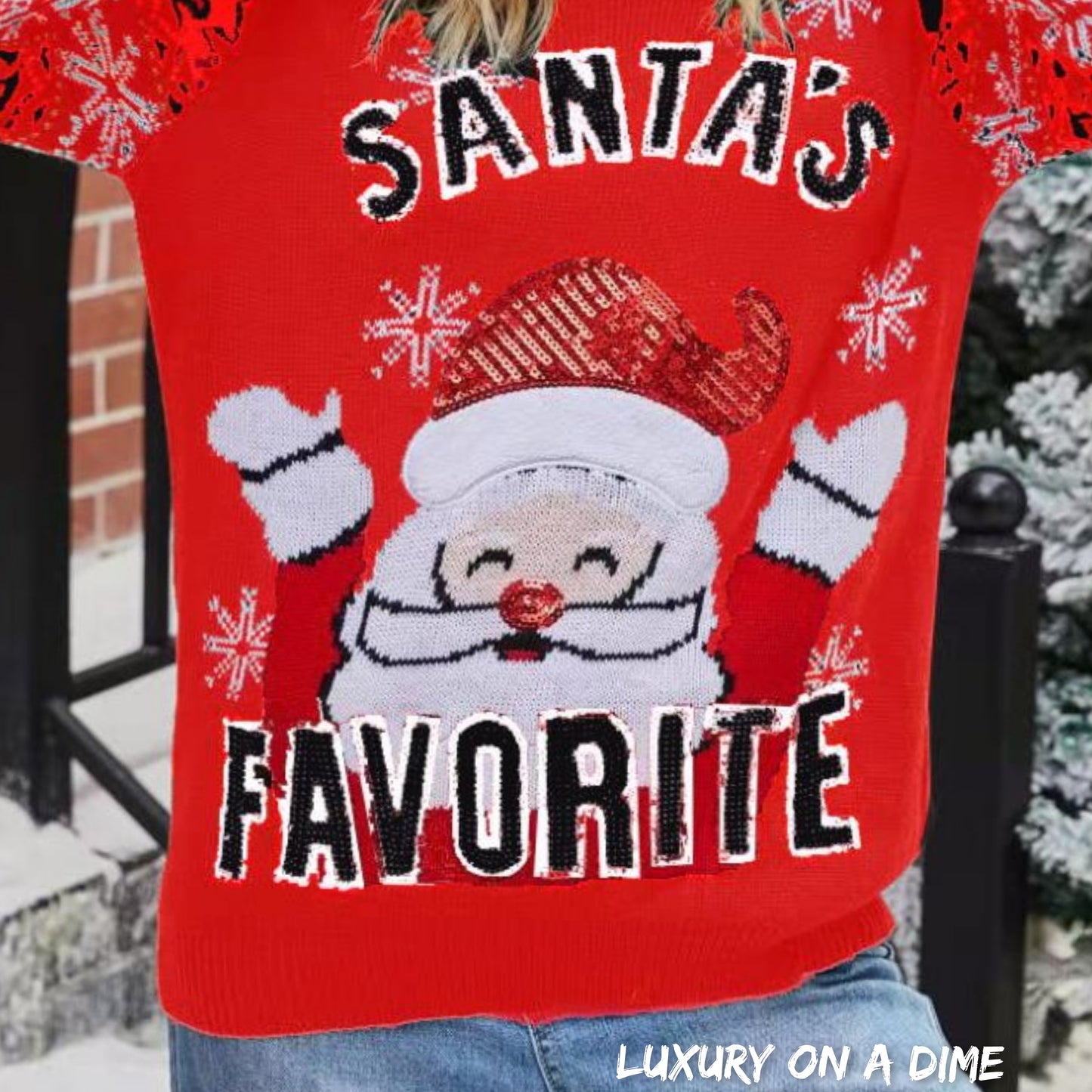 Sequin Santa's Favorite Knit Fun Round Neck Glam Holiday Sweater Top