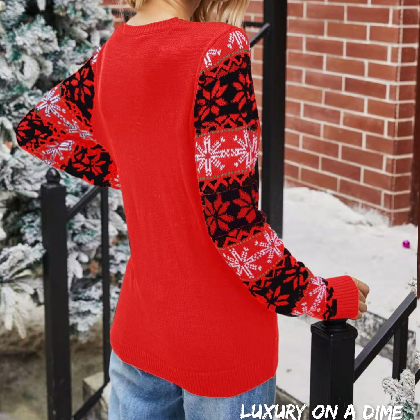 Sequin Santa's Favorite Knit Fun Round Neck Glam Holiday Sweater Top