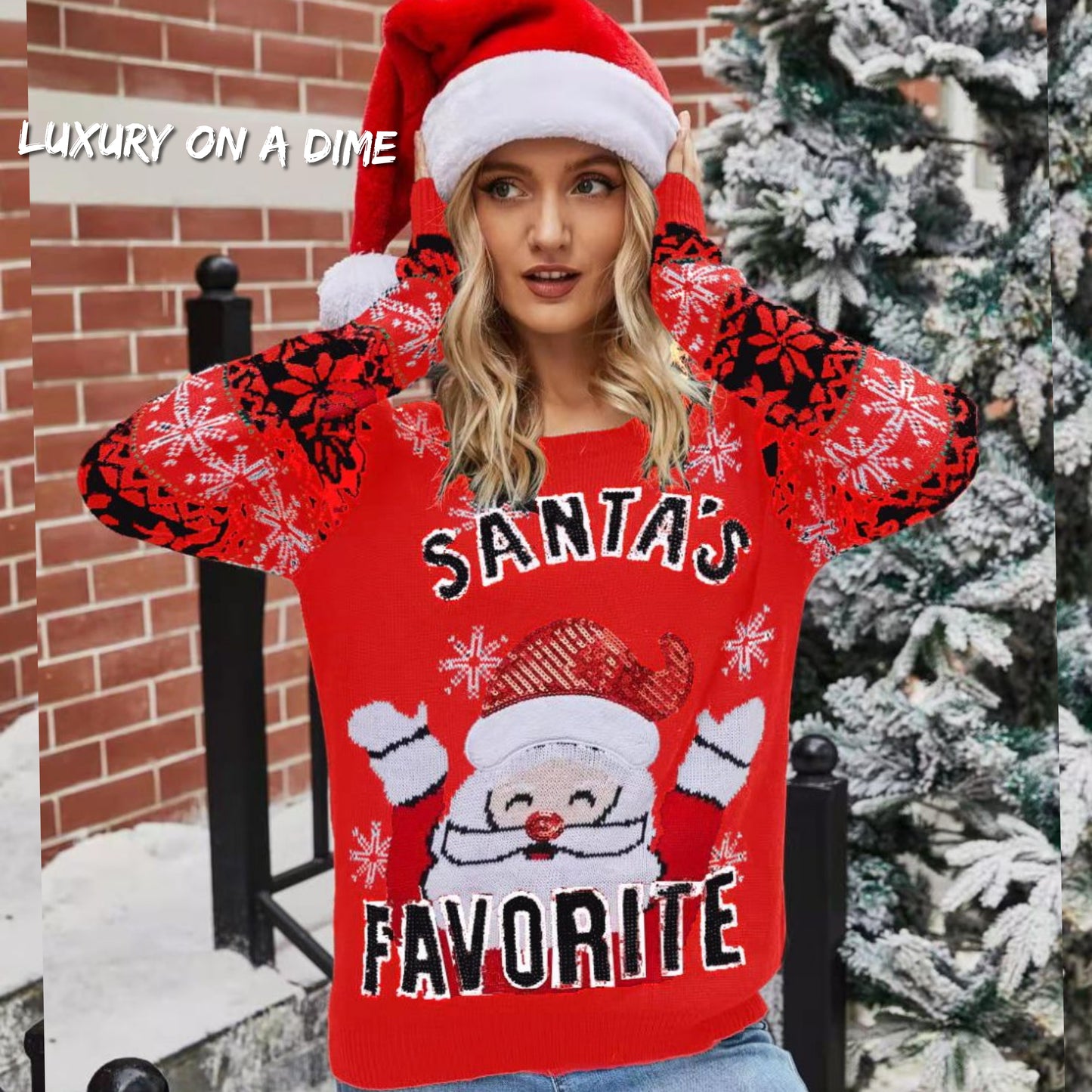 Sequin Santa's Favorite Knit Fun Round Neck Glam Holiday Sweater Top