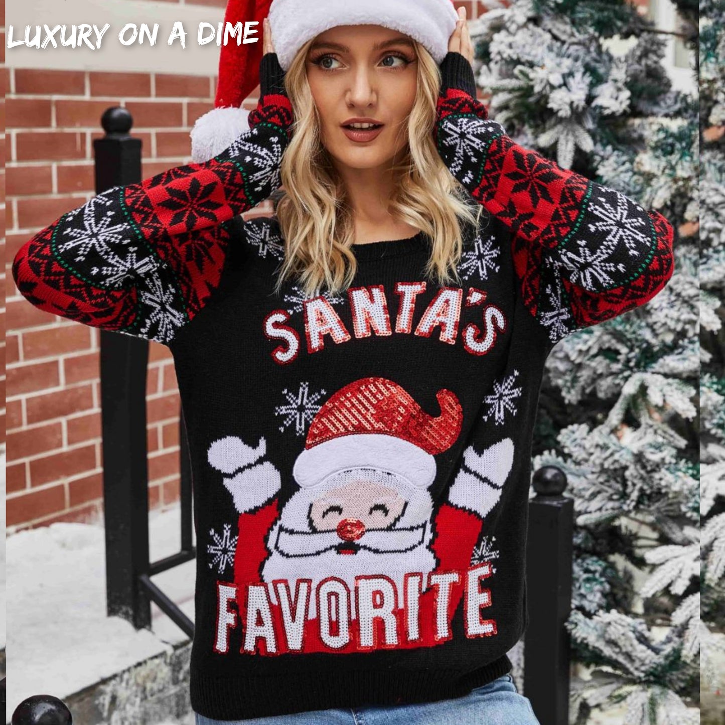 Sequin Santa's Favorite Knit Fun Round Neck Glam Holiday Sweater Top