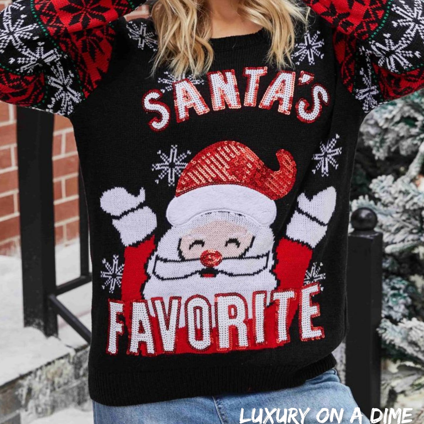Sequin Santa's Favorite Knit Fun Round Neck Glam Holiday Sweater Top