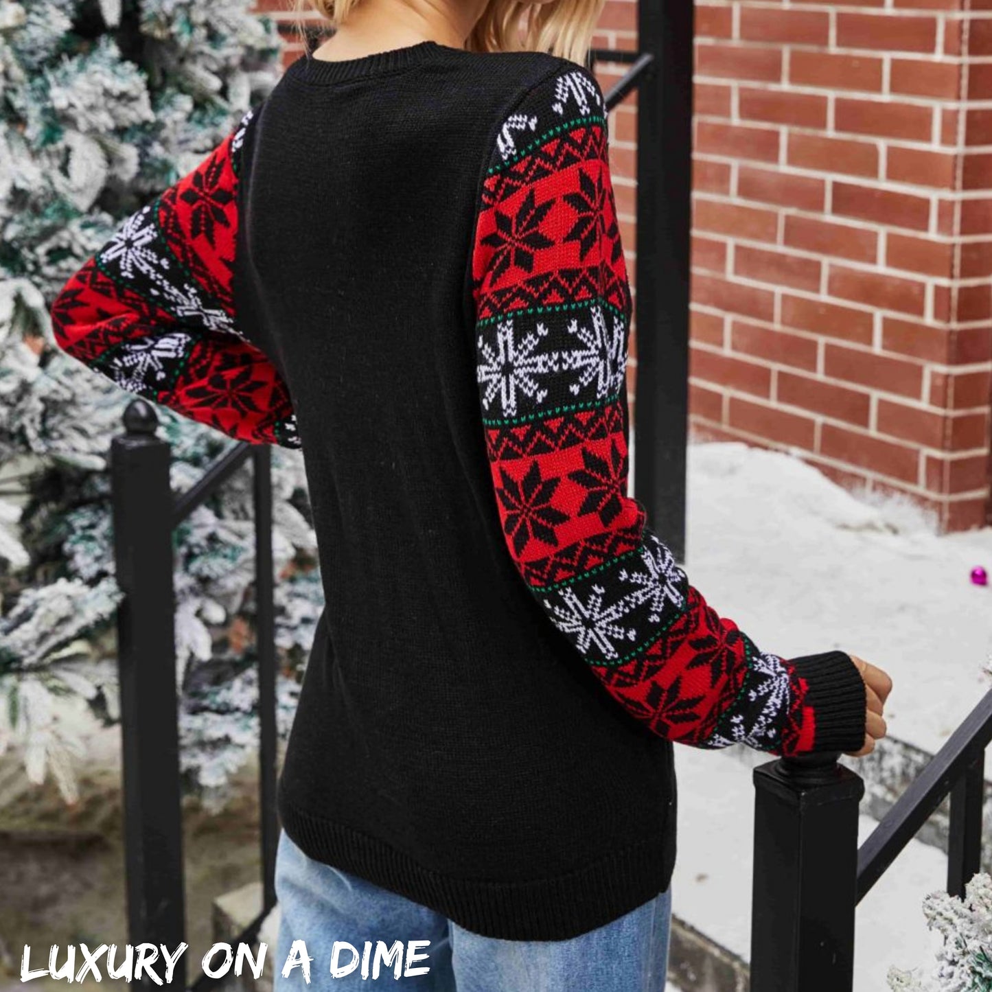 Sequin Santa's Favorite Knit Fun Round Neck Glam Holiday Sweater Top